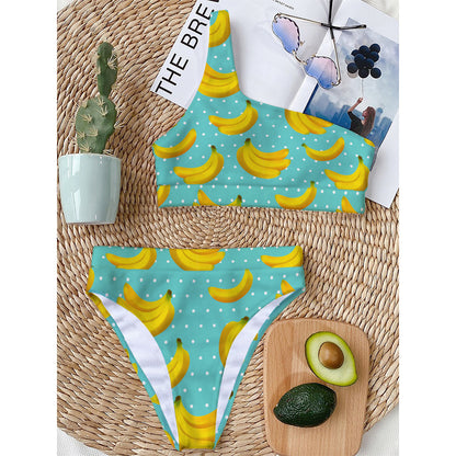Polka Dot Banana Pattern Print One Shoulder Bikini Top
