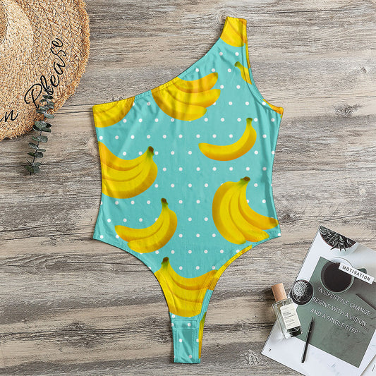 Polka Dot Banana Pattern Print One Shoulder Bodysuit