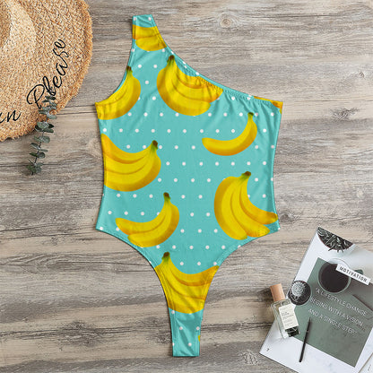 Polka Dot Banana Pattern Print One Shoulder Bodysuit
