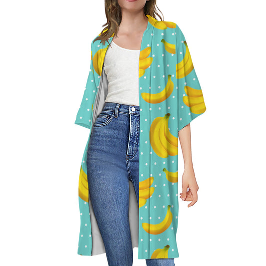 Polka Dot Banana Pattern Print Open Front Beach Cover Up