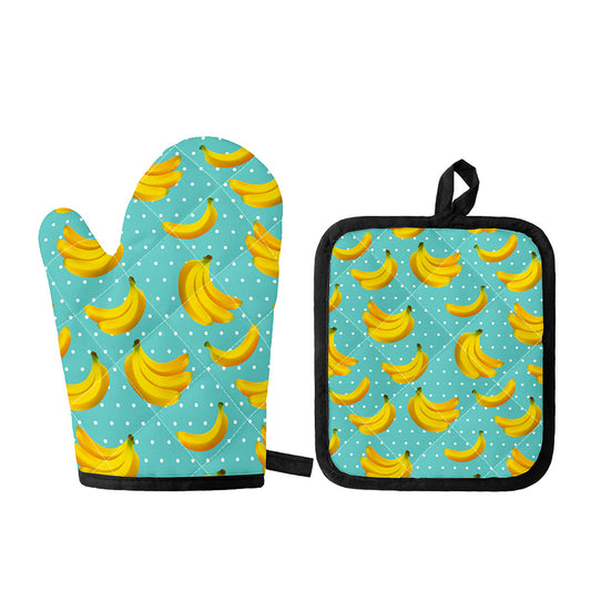 Polka Dot Banana Pattern Print Oven Mitt And Pot Holder Set