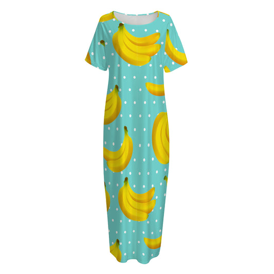 Polka Dot Banana Pattern Print Short Sleeve Long Nightdress