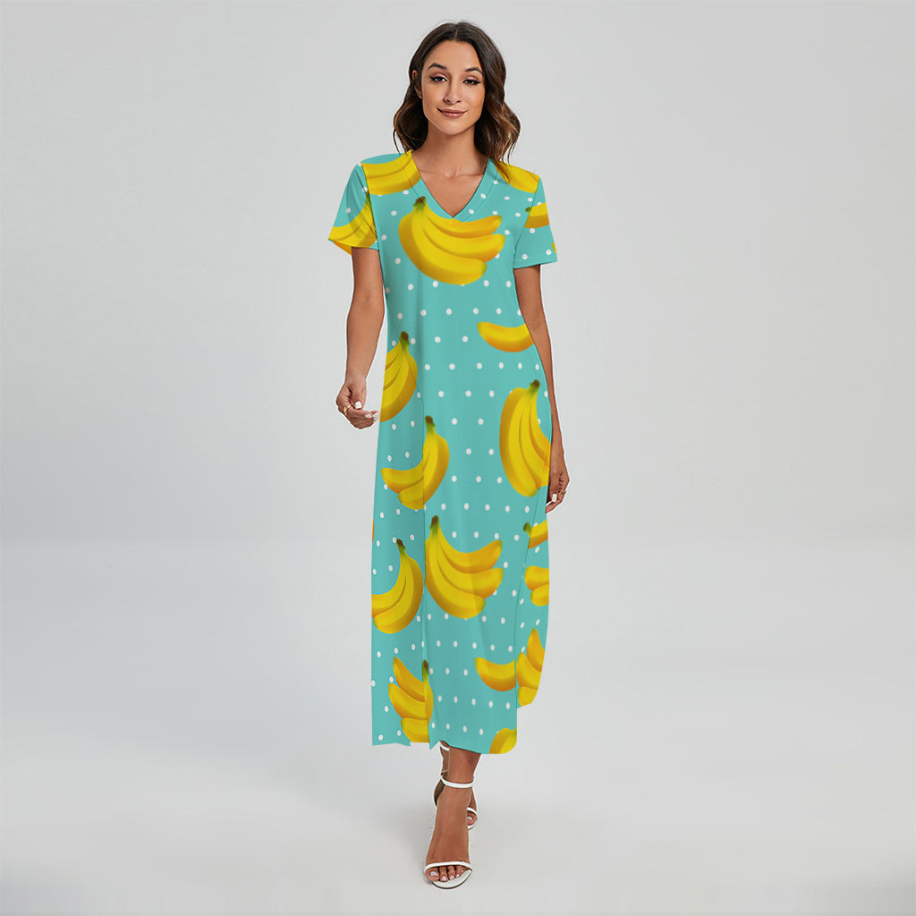 Polka Dot Banana Pattern Print Short Sleeve Maxi Dress