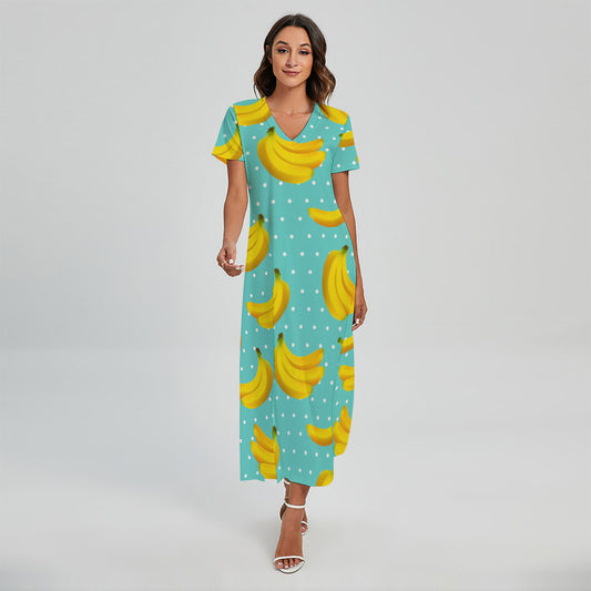 Polka Dot Banana Pattern Print Short Sleeve Maxi Dress