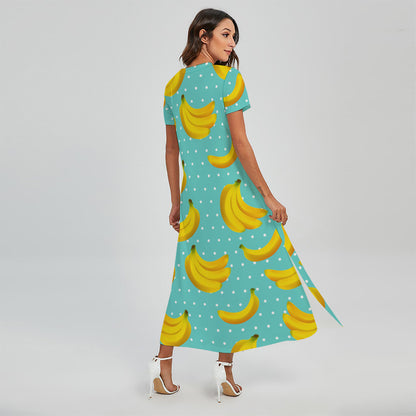 Polka Dot Banana Pattern Print Short Sleeve Maxi Dress