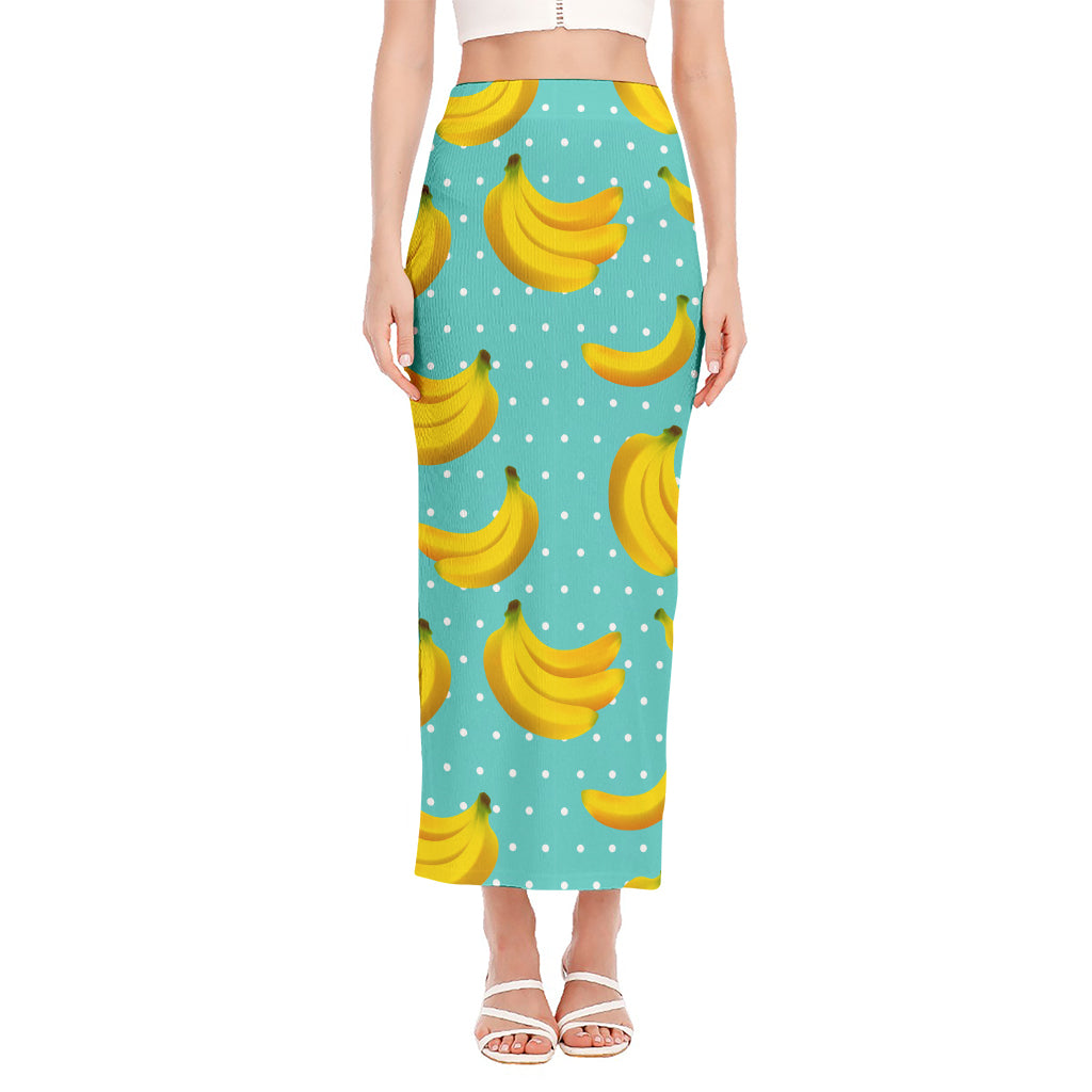 Polka Dot Banana Pattern Print Side Slit Maxi Skirt