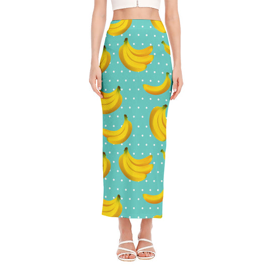 Polka Dot Banana Pattern Print Side Slit Maxi Skirt