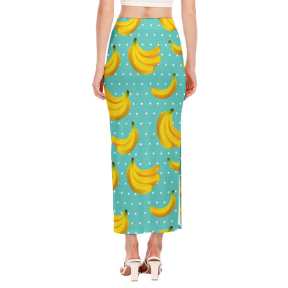 Polka Dot Banana Pattern Print Side Slit Maxi Skirt