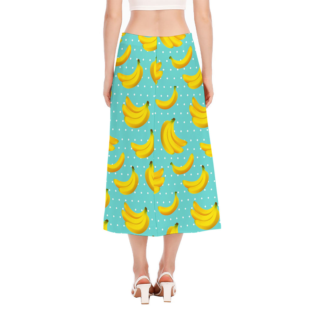 Polka Dot Banana Pattern Print Side Slit Midi Skirt