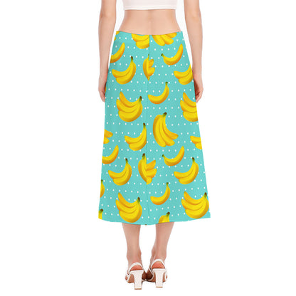 Polka Dot Banana Pattern Print Side Slit Midi Skirt