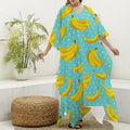 Polka Dot Banana Pattern Print Silk V-Neck Kaftan Dress