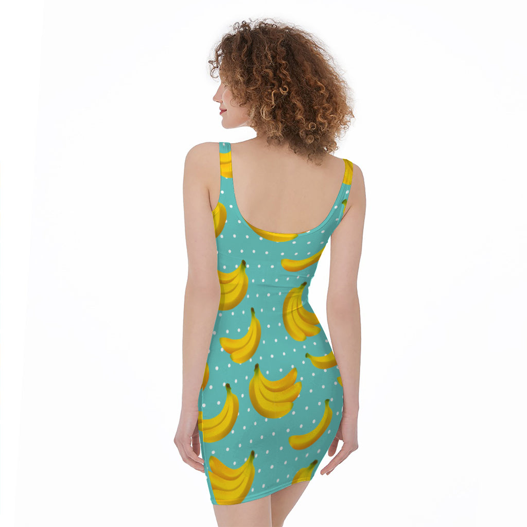 Polka Dot Banana Pattern Print Sleeveless Bodycon Dress