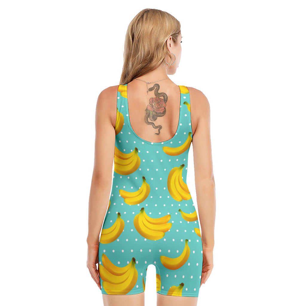 Polka Dot Banana Pattern Print Sleeveless One Piece Swimsuit
