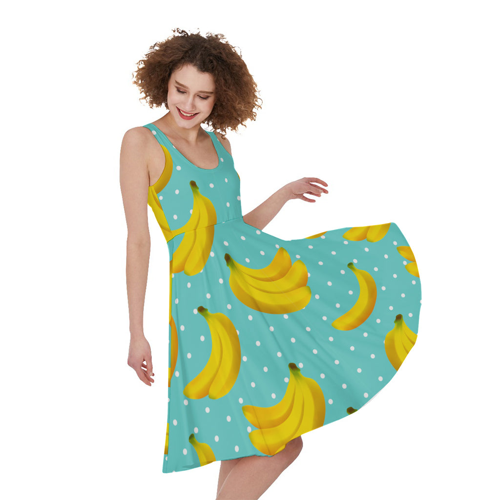 Polka Dot Banana Pattern Print Women's Sleeveless Dress