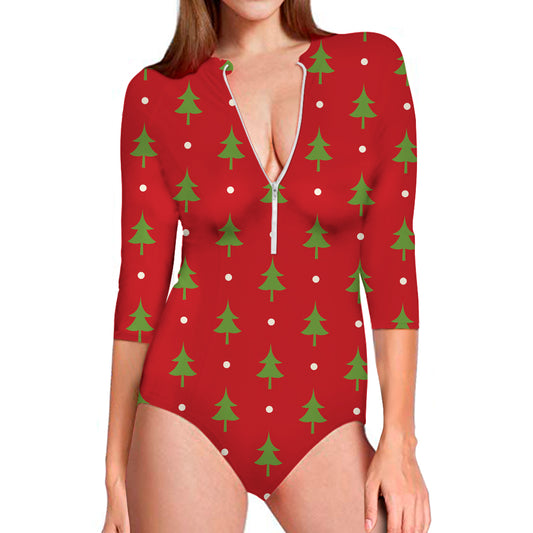 Polka Dot Christmas Tree Pattern Print Long Sleeve Swimsuit