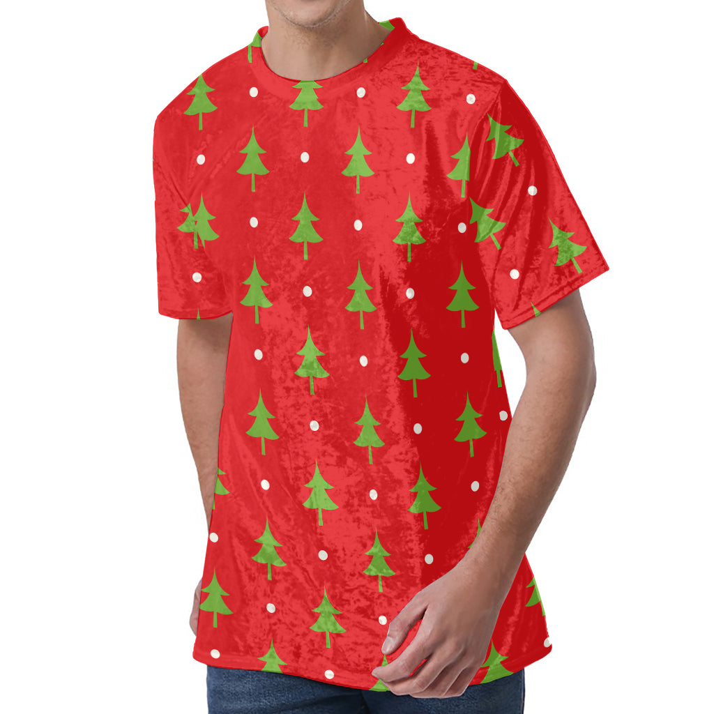 Polka Dot Christmas Tree Pattern Print Men's Velvet T-Shirt