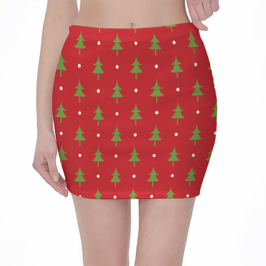 Polka Dot Christmas Tree Pattern Print Pencil Mini Skirt