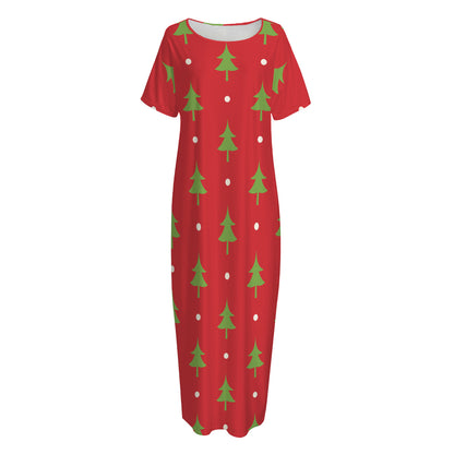 Polka Dot Christmas Tree Pattern Print Short Sleeve Long Nightdress