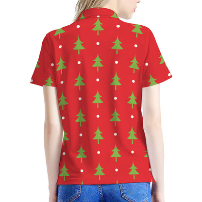 Polka Dot Christmas Tree Pattern Print Women's Polo Shirt