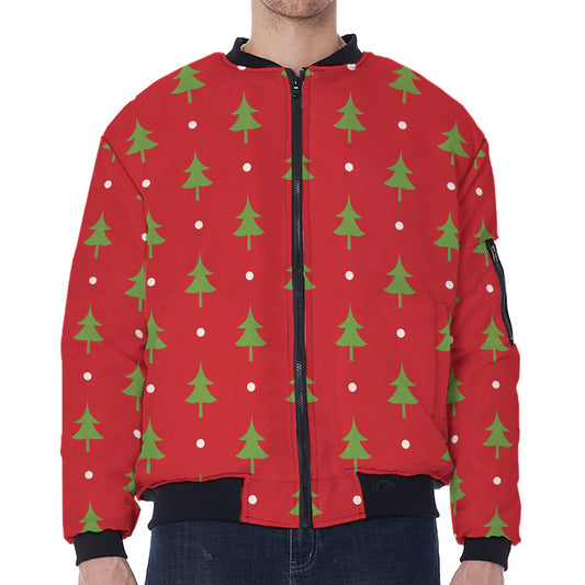 Polka Dot Christmas Tree Pattern Print Zip Sleeve Bomber Jacket