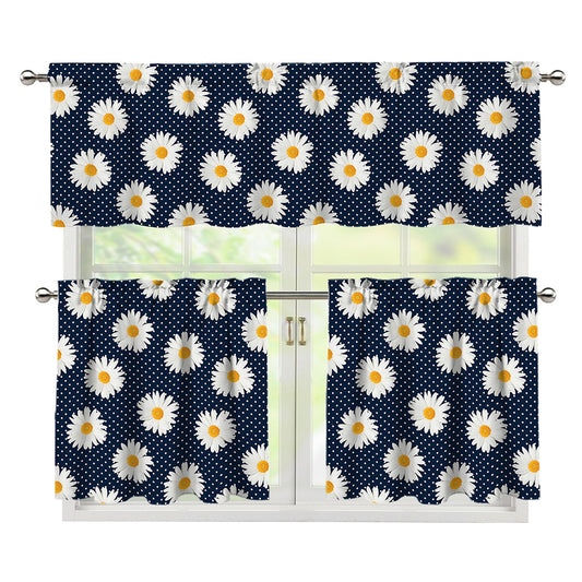 Polka Dot Daisy Floral Pattern Print 3 Piece Kitchen Curtains