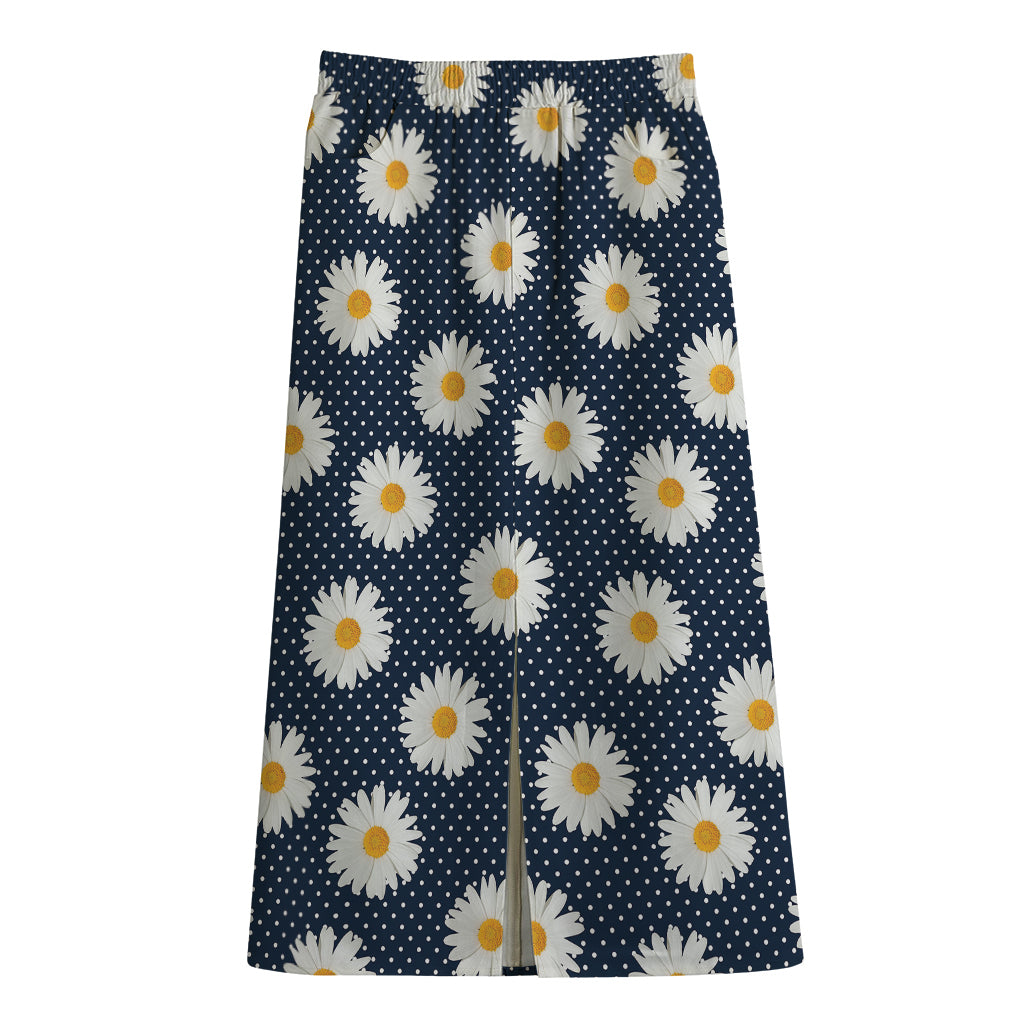 Polka Dot Daisy Floral Pattern Print Cotton Front Slit Maxi Skirt