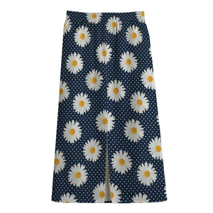 Polka Dot Daisy Floral Pattern Print Cotton Front Slit Maxi Skirt