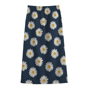 Polka Dot Daisy Floral Pattern Print Cotton Front Slit Maxi Skirt