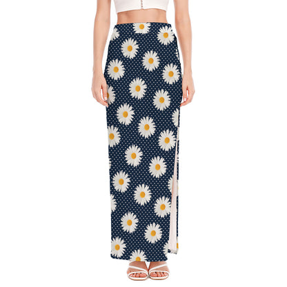 Polka Dot Daisy Floral Pattern Print High Slit Maxi Skirt