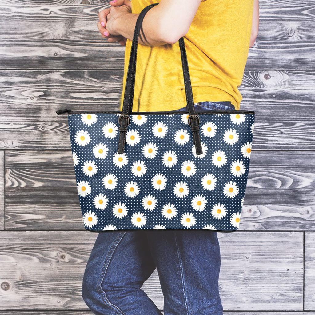 Polka Dot Daisy Floral Pattern Print Leather Tote Bag