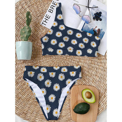 Polka Dot Daisy Floral Pattern Print One Shoulder Bikini Top