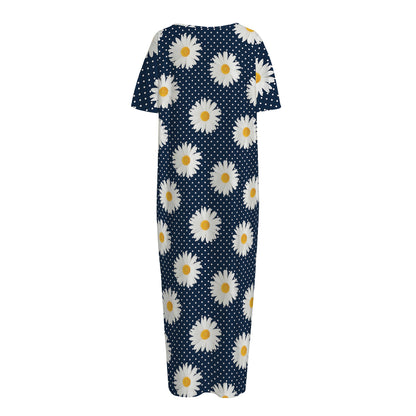 Polka Dot Daisy Floral Pattern Print Short Sleeve Long Nightdress