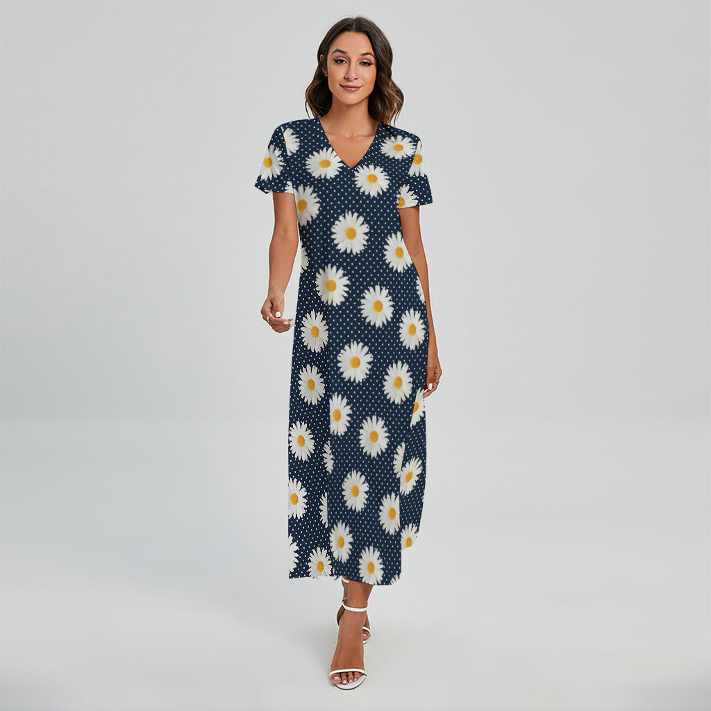 Polka Dot Daisy Floral Pattern Print Short Sleeve Maxi Dress