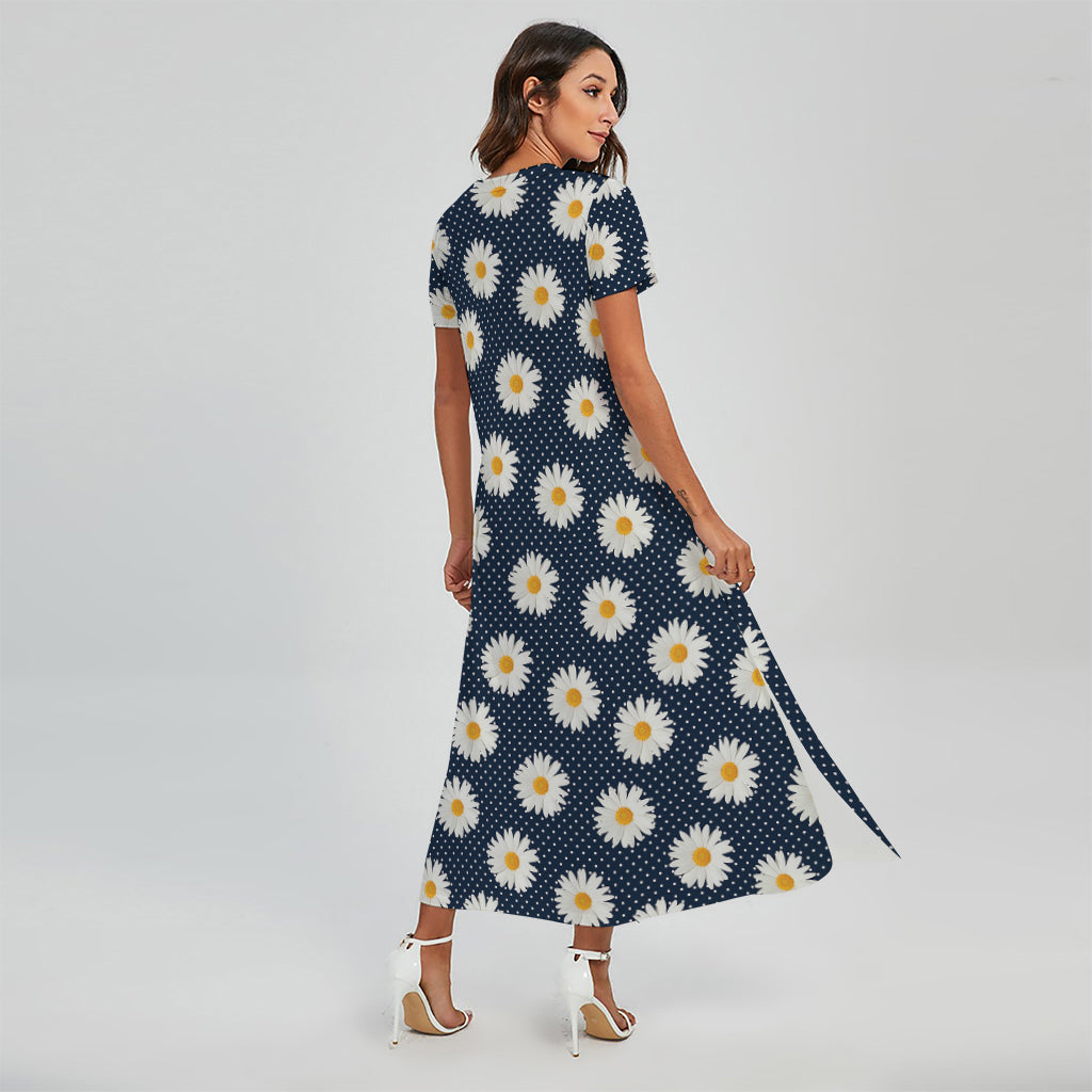 Polka Dot Daisy Floral Pattern Print Short Sleeve Maxi Dress