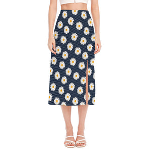 Polka Dot Daisy Floral Pattern Print Side Slit Midi Skirt