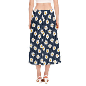 Polka Dot Daisy Floral Pattern Print Side Slit Midi Skirt