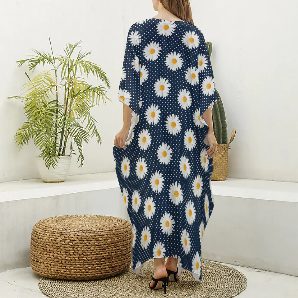 Polka Dot Daisy Floral Pattern Print Silk V-Neck Kaftan Dress