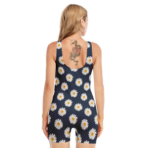 Polka Dot Daisy Floral Pattern Print Sleeveless One Piece Swimsuit