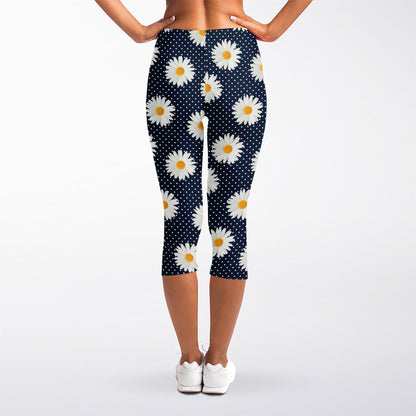 Polka Dot Daisy Floral Pattern Print Women's Capri Leggings