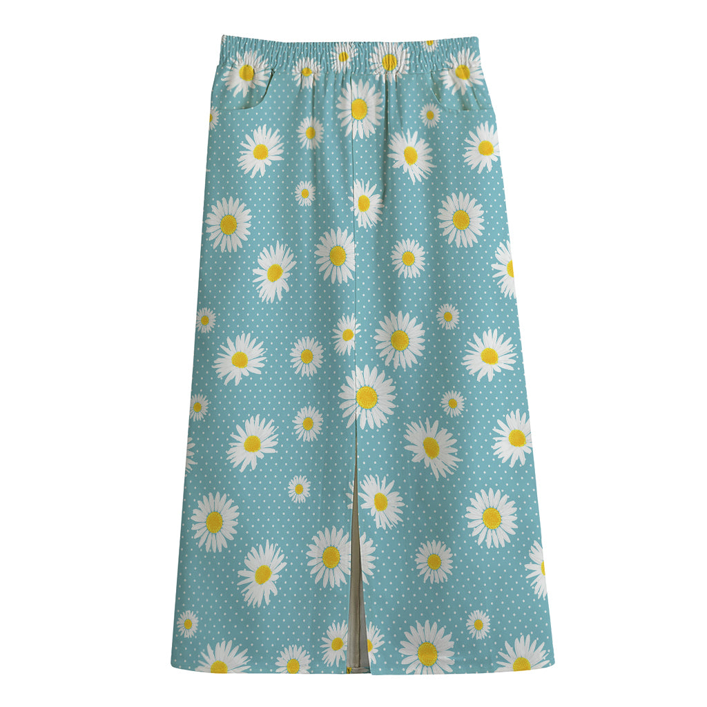 Polka Dot Daisy Flower Pattern Print Cotton Front Slit Maxi Skirt