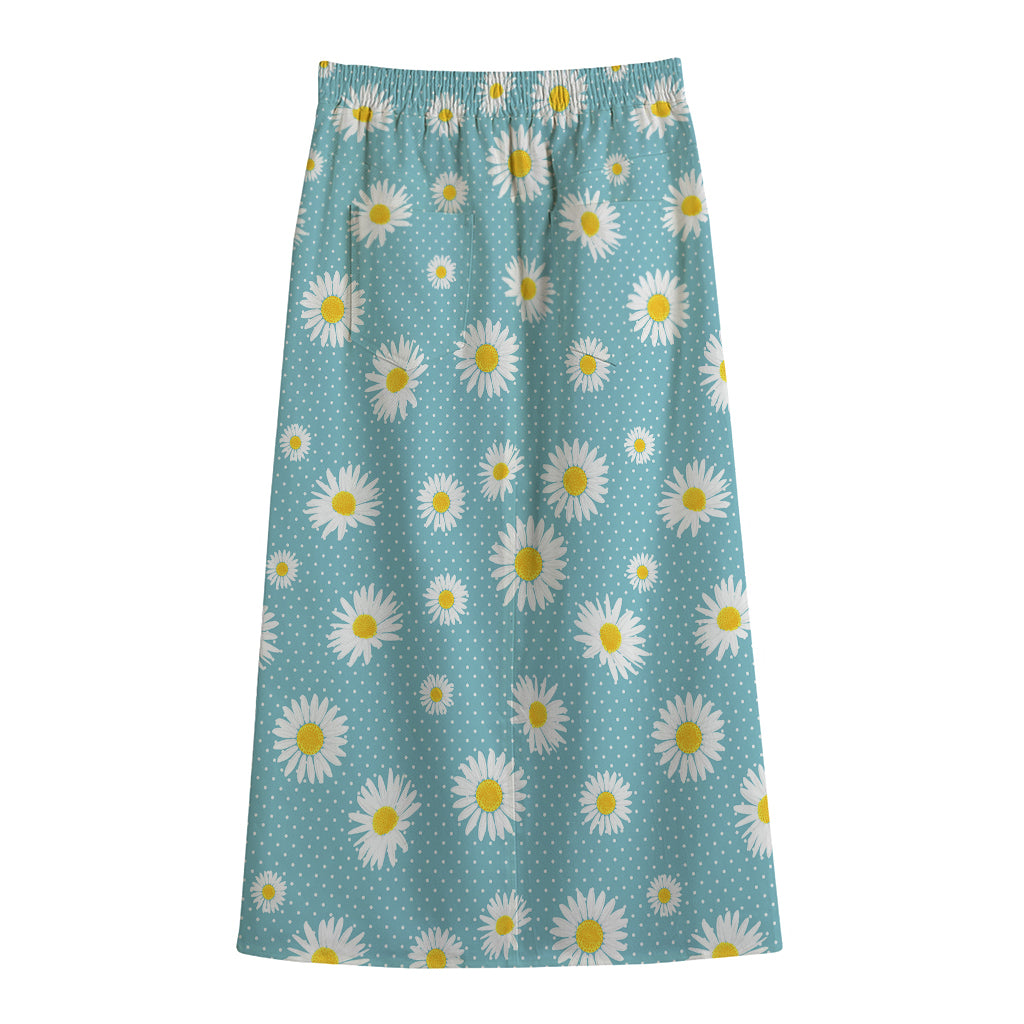 Polka Dot Daisy Flower Pattern Print Cotton Front Slit Maxi Skirt