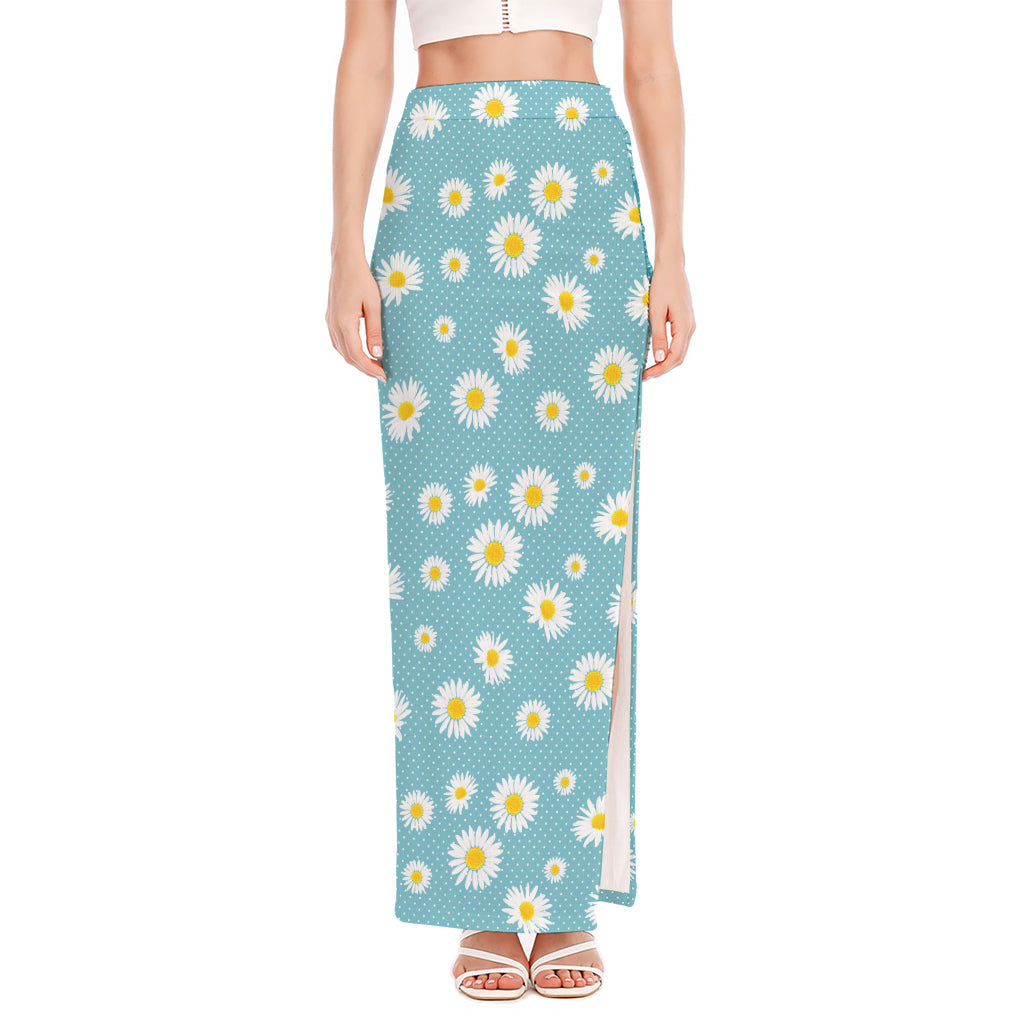 Polka Dot Daisy Flower Pattern Print High Slit Maxi Skirt