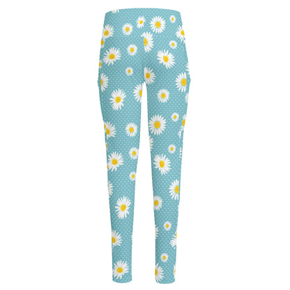 Polka Dot Daisy Flower Pattern Print High-Waisted Pocket Leggings