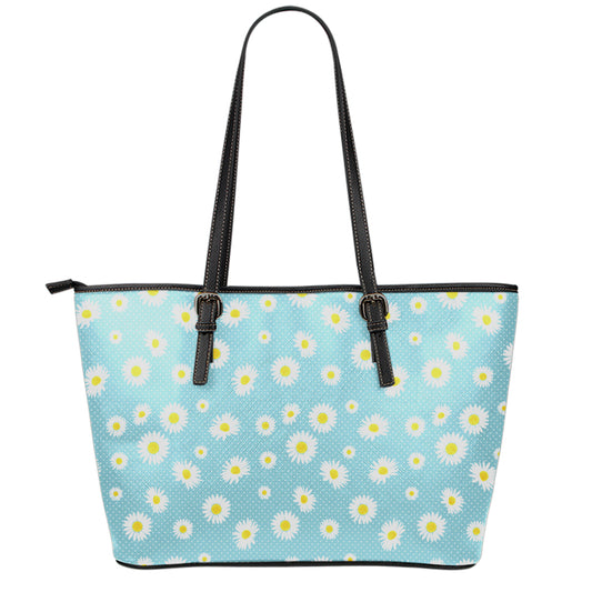 Polka Dot Daisy Flower Pattern Print Leather Tote Bag