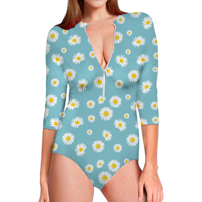 Polka Dot Daisy Flower Pattern Print Long Sleeve Swimsuit