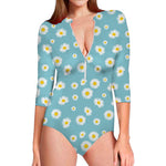 Polka Dot Daisy Flower Pattern Print Long Sleeve Swimsuit