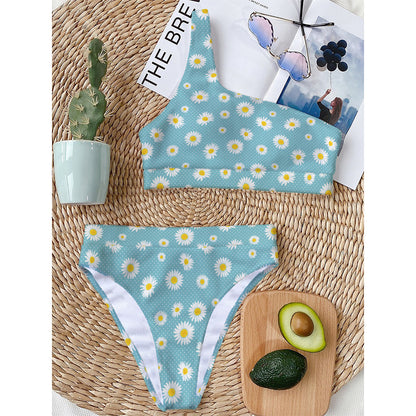 Polka Dot Daisy Flower Pattern Print One Shoulder Bikini Top