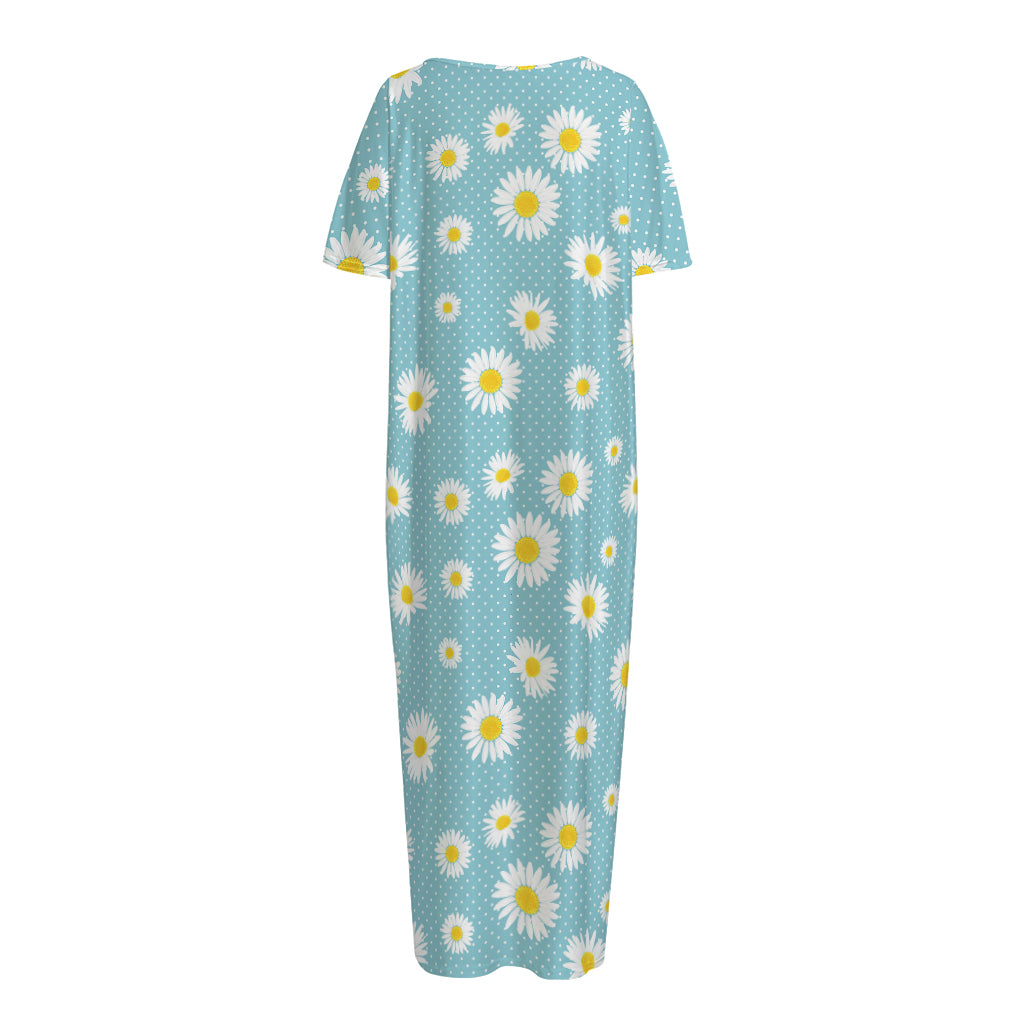 Polka Dot Daisy Flower Pattern Print Short Sleeve Long Nightdress