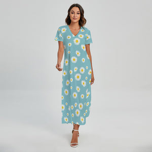 Polka Dot Daisy Flower Pattern Print Short Sleeve Maxi Dress