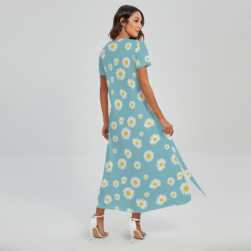 Polka Dot Daisy Flower Pattern Print Short Sleeve Maxi Dress